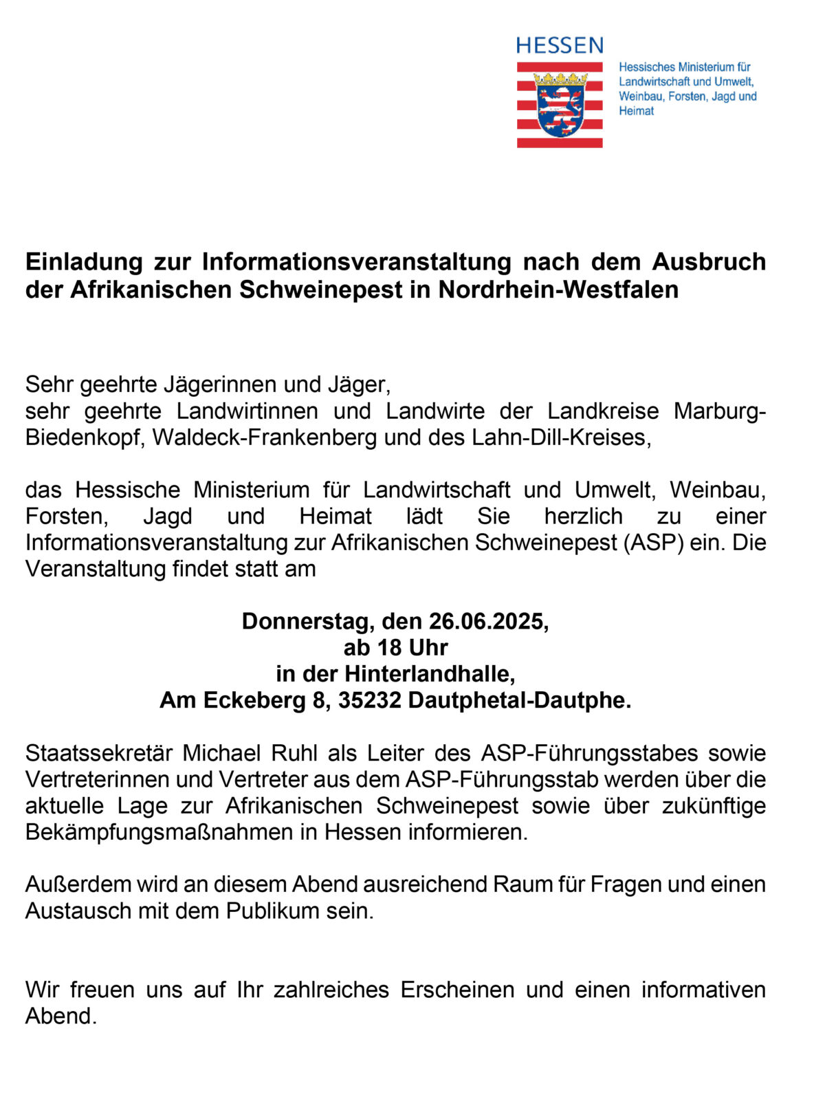 Einladung zur ASP-Informationsveranstaltung am 26.06.2025, Quelle: HMLU